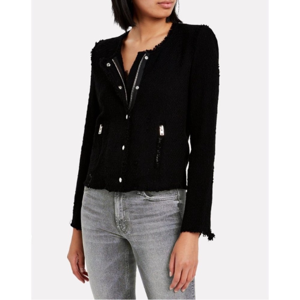 IRO Agnette Black Tweed Jacket Raw Edge Zip Pockets & Sleeves Zip Snap  36/ 4